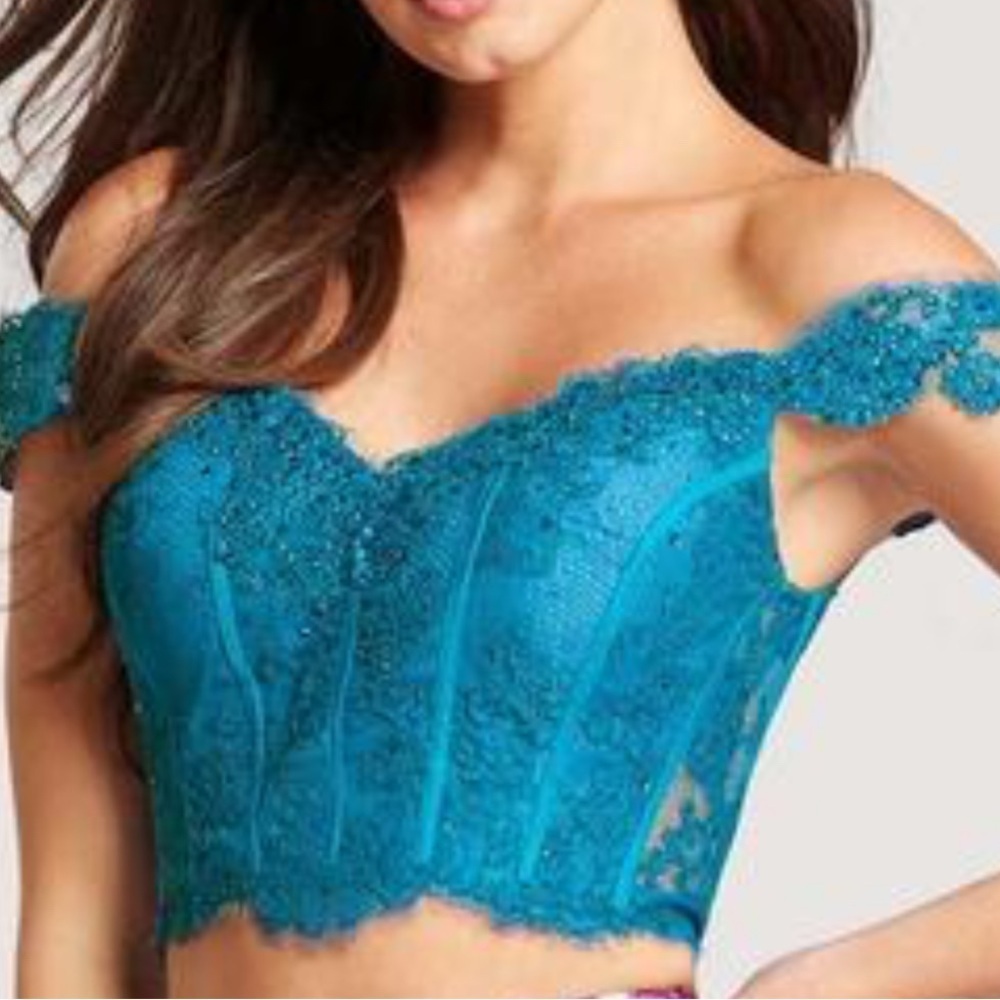 Ellie Wilde Teal Lace Off-Shoulder Corset Top